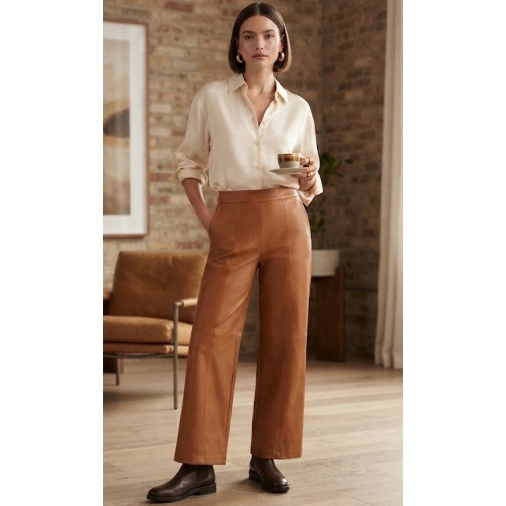 Bagatelle Collection Cognac Faux Leather Wide Leg Seam Detail Pants Brown L